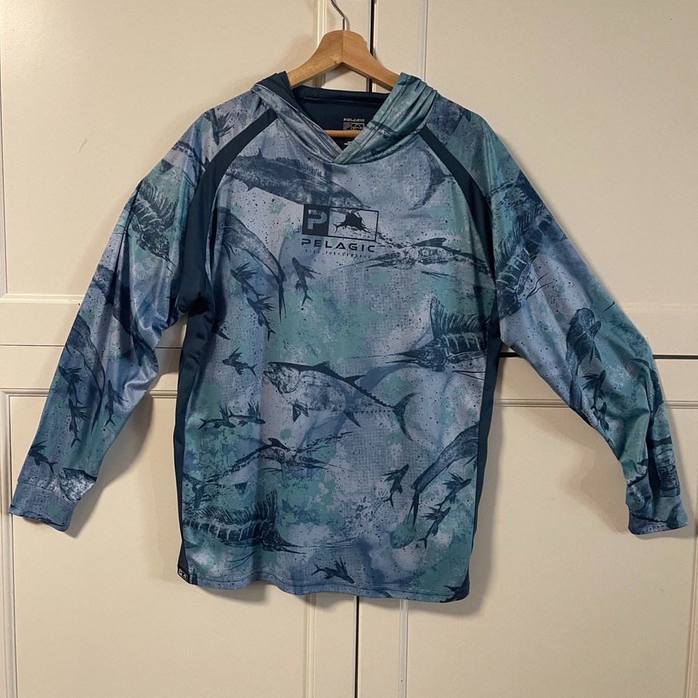 Pelagic VaporTek Fishing Hoodie Mens XL Blue Fish Print Sun Shirt Performance